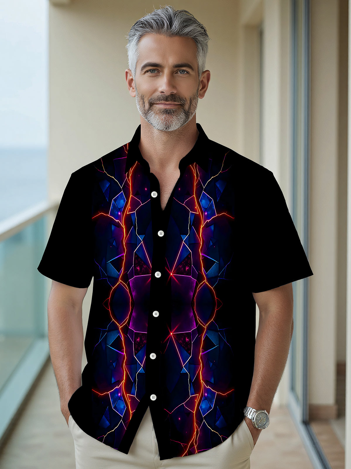 Psychedelic Lightning Geometry Men's Pocket Short Sleeve Shirts