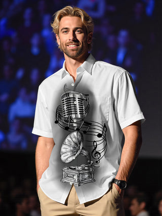 Men's gramophone microphone note print short sleeve shirt front view