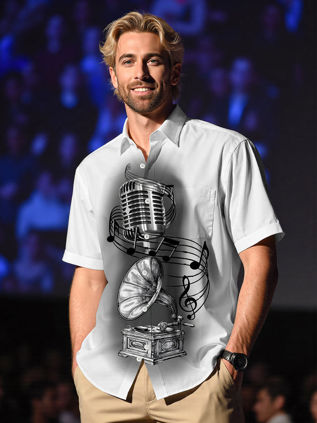 Men's gramophone microphone note print short sleeve shirt front view