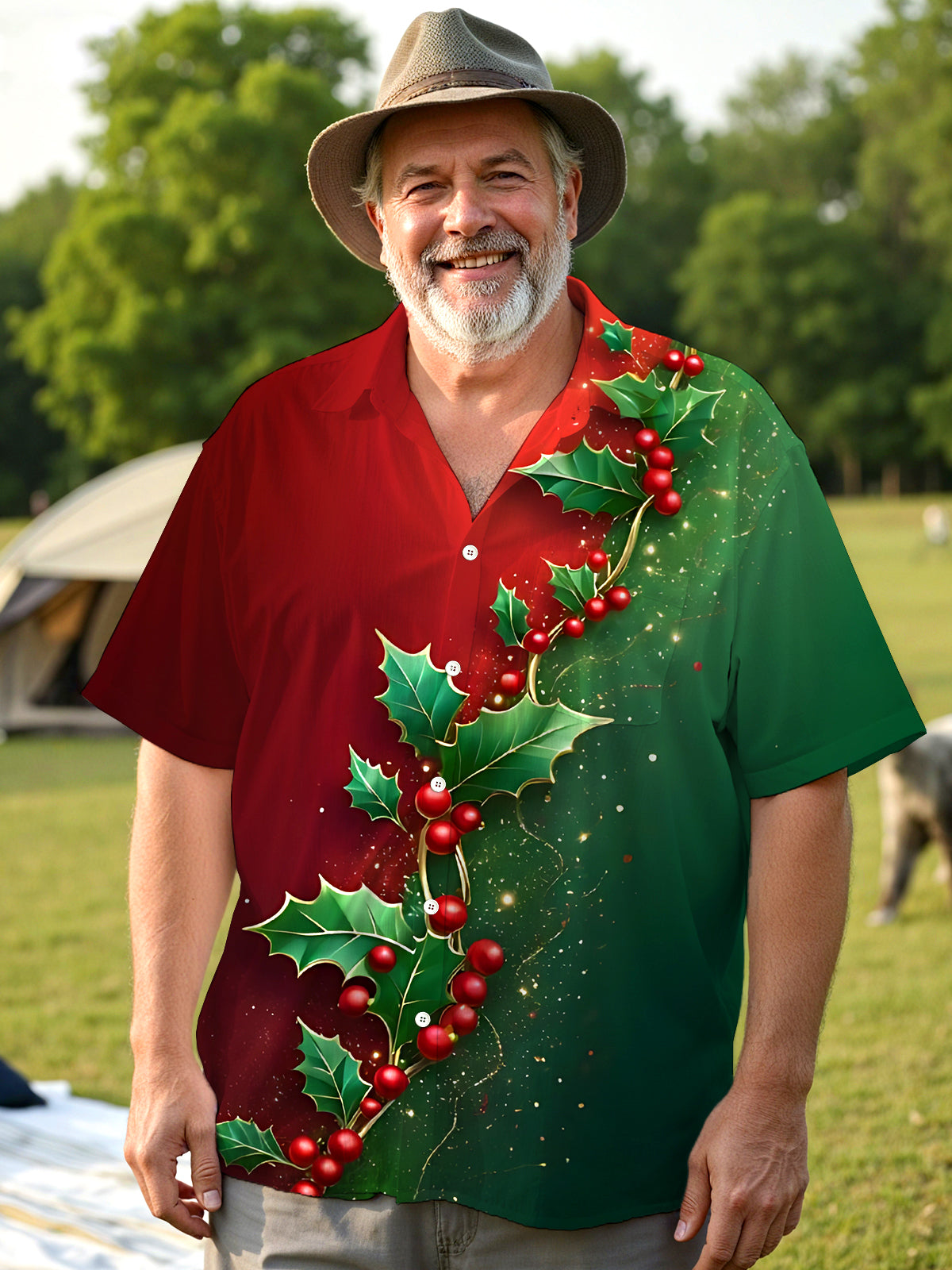 Christmas Holly Berry Print Men's Pocket Short Sleeve Shirts