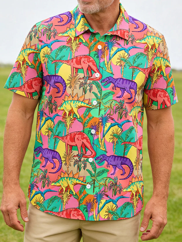 Men's tropical palm leaf print pocket short sleeve shirt front view