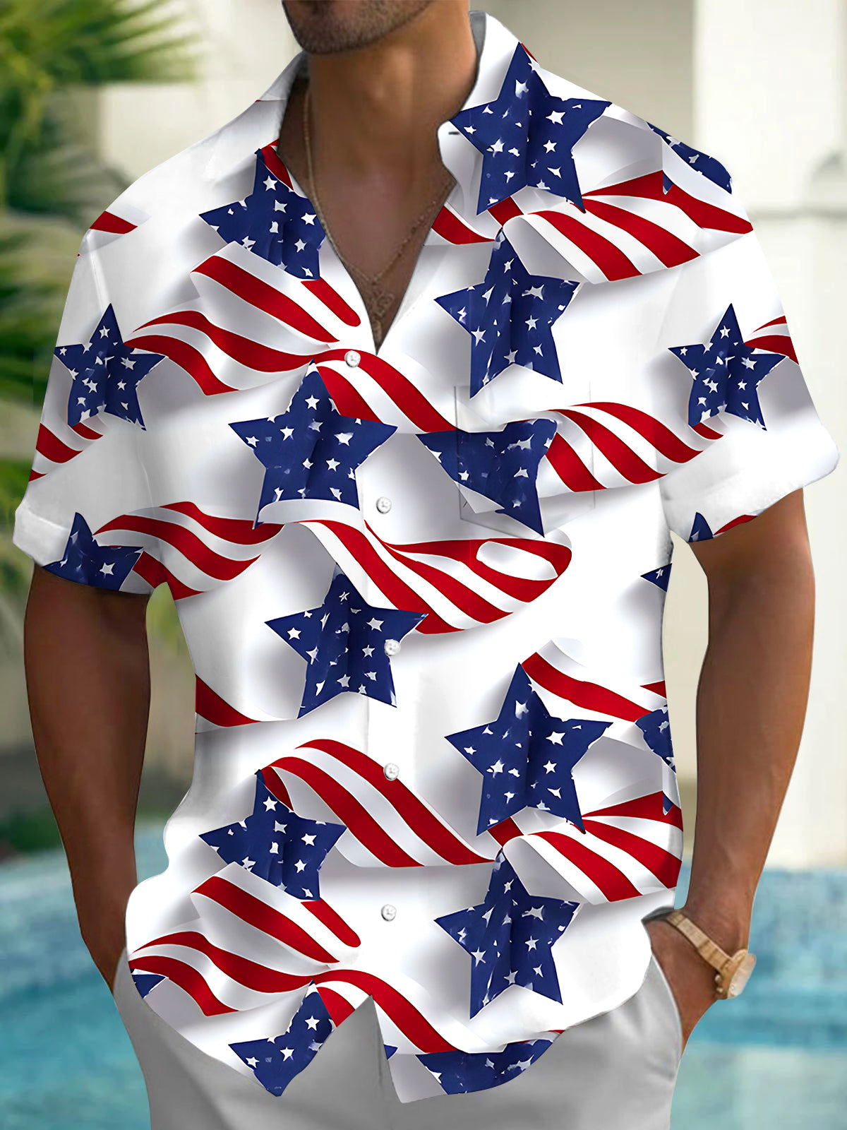 men's American flag print shirt front view Independence Day