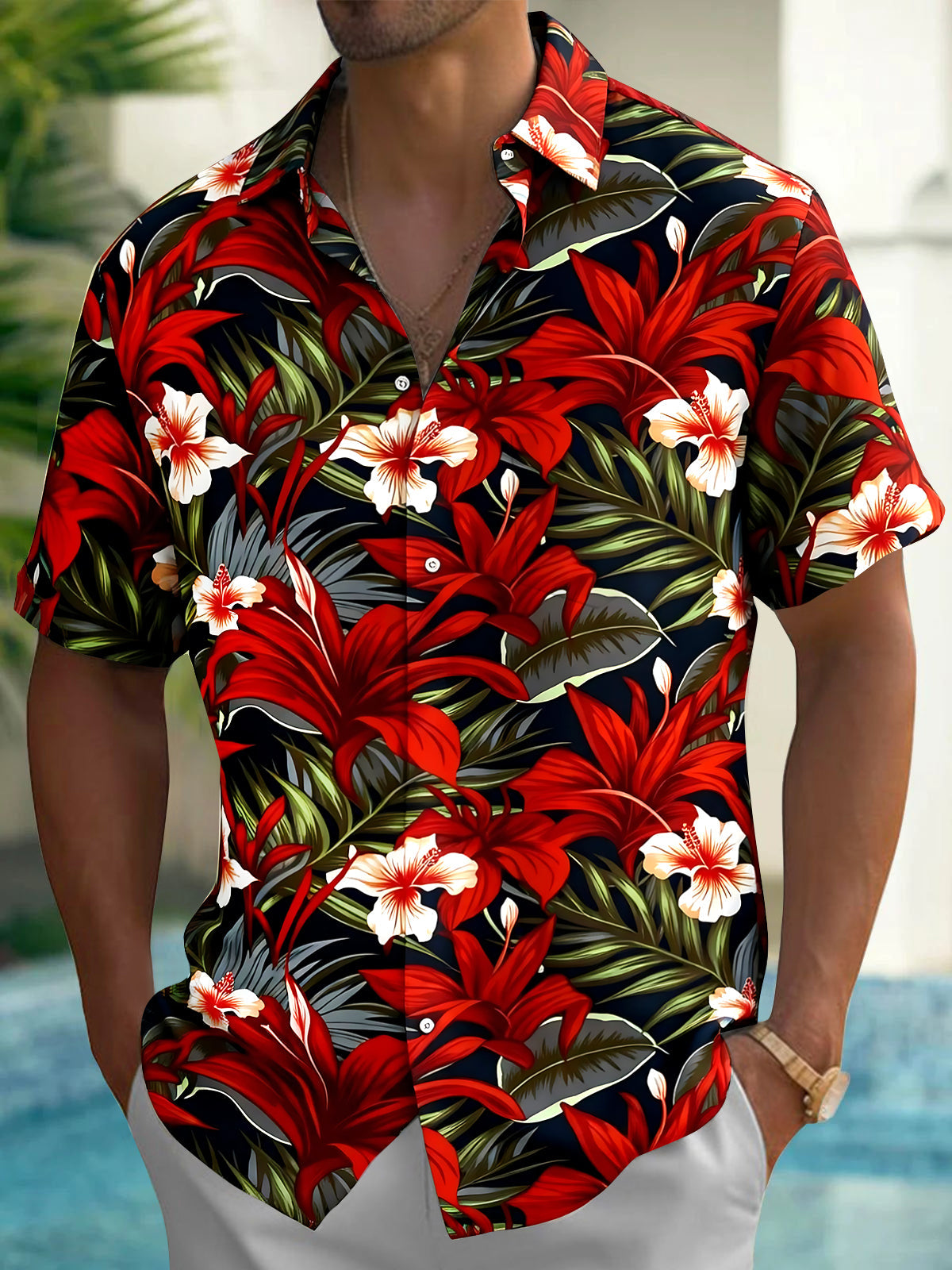 Hawaiian Floral Men's Pocket Short Sleeve Shirts