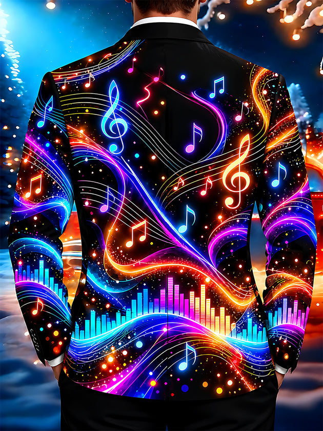 Adaychic Men's Neon Musical Notes And Audio Visualizer Print Long Sleeve Shirt with Chest Pocket