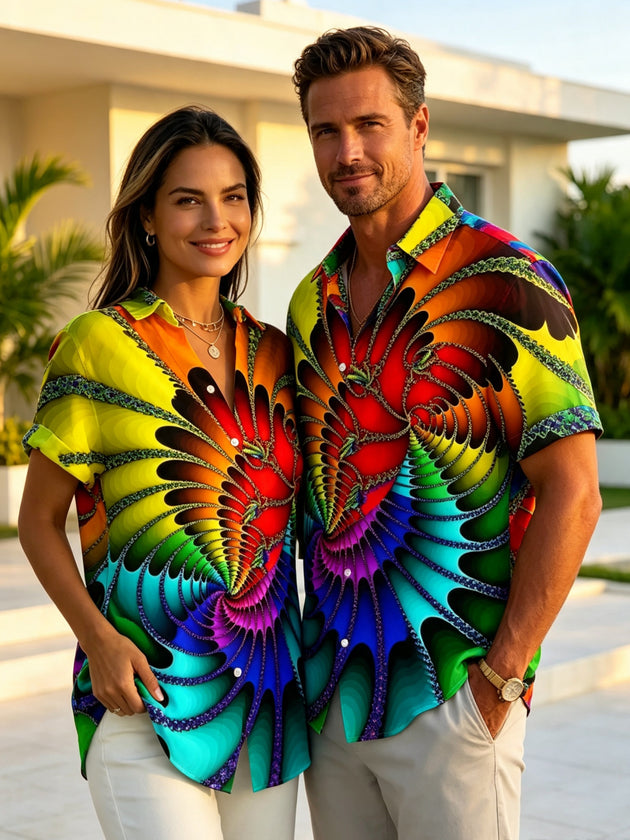 Adaychic Psychedelic Fractal Spiral Print Matching Couple Short Sleeve Button Down Shirts