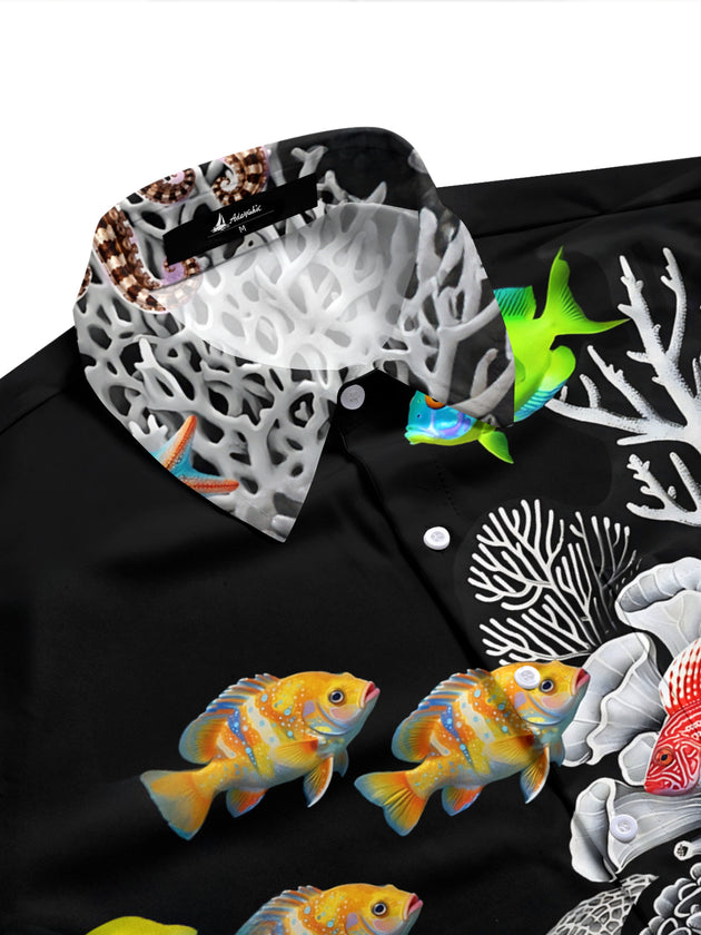 Adaychic Men's 3D Underwater Marine Life Graphic Print Short Sleeve Button Down Shirt with Chest Pocket