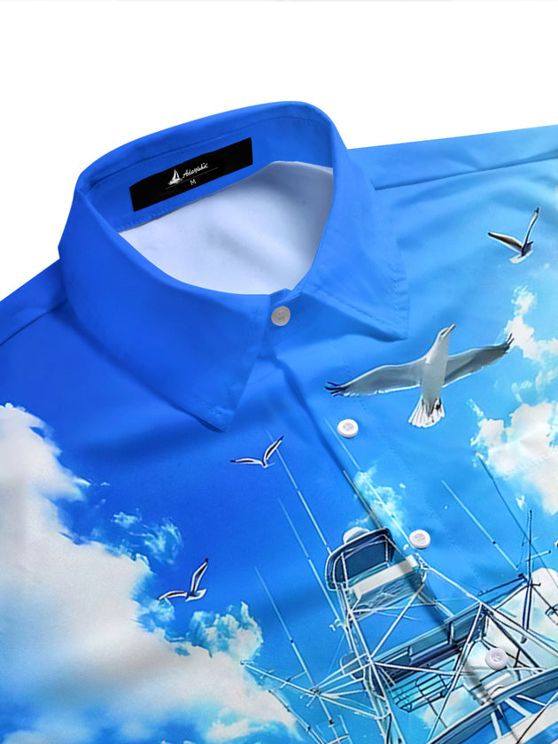 Hawaiian Boat Dolphin Fish Seagull Men's Pocket Short Sleeve Shirts