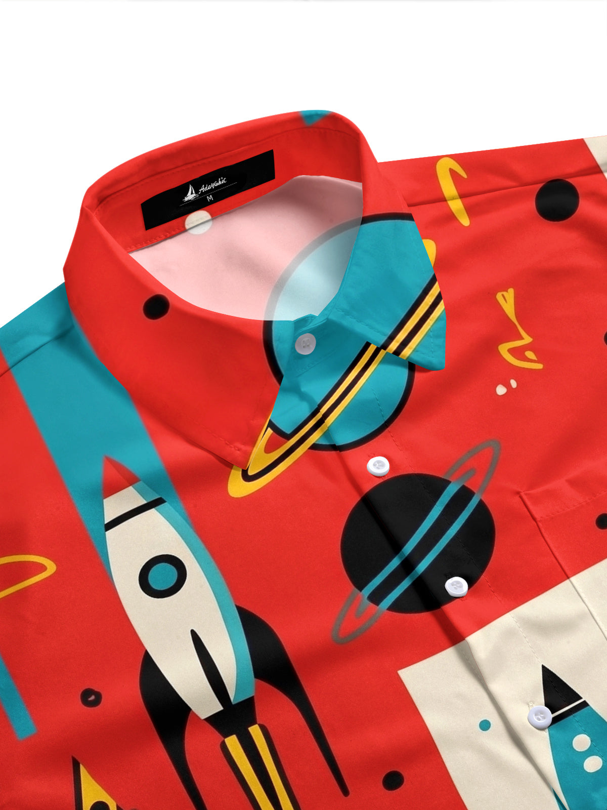 Adaychic Men's Retro Space Rocket Graphic Print Short Sleeve Button Down Shirt with Chest Pocket