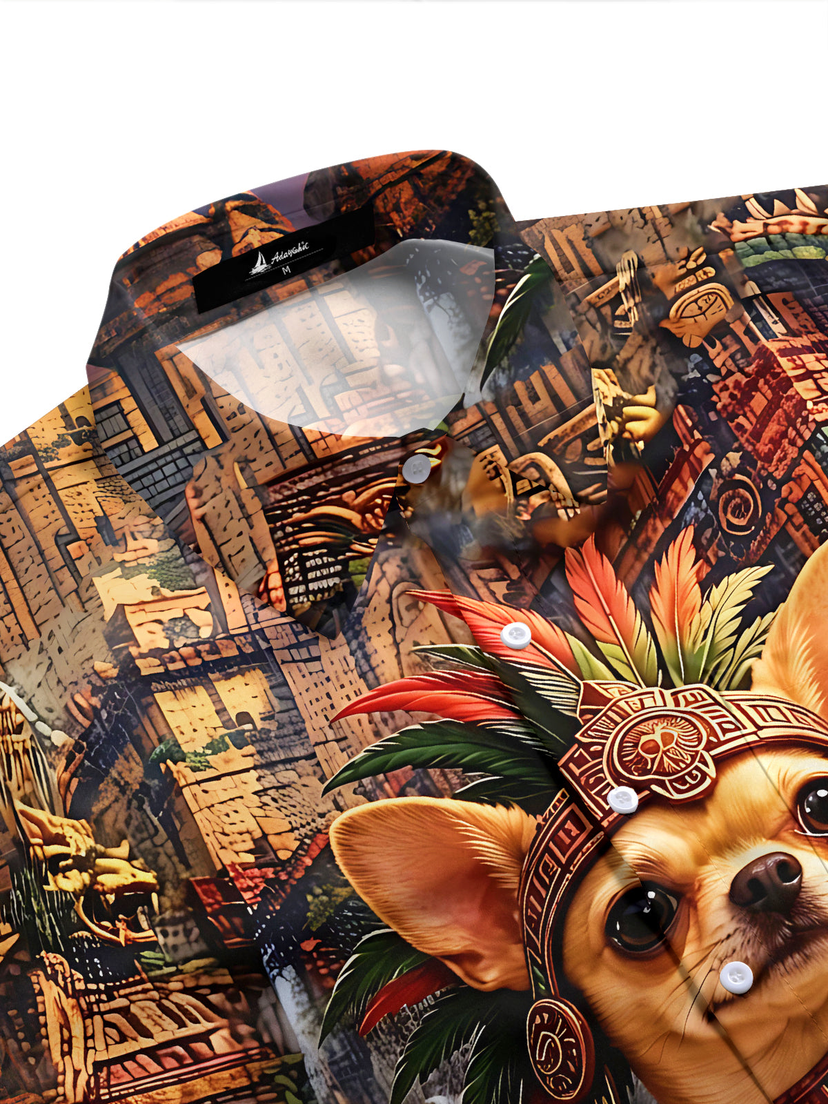 Adaychic Men's Graphic 3D Aztec Warrior Chihuahua Print Short Sleeve Button Down Shirt with Chest Pocket