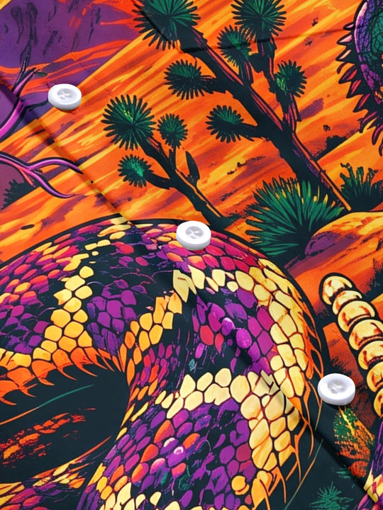 Adaychic Men's Short Sleeve Shirt - Desert Snake And Lizard Sunset Landscape Print with Chest Pocket