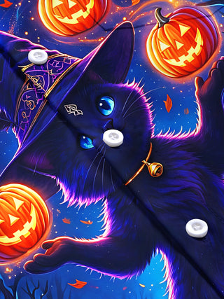 Adaychic Men's Halloween Black Cat And Pumpkins Print Short Sleeve Shirt with Chest Pocket