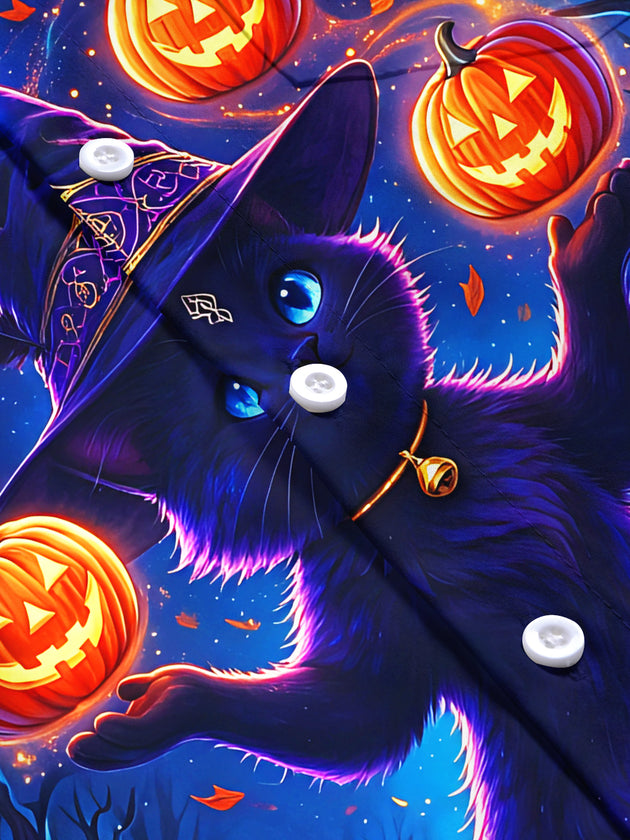Adaychic Men's Halloween Black Cat And Pumpkins Print Short Sleeve Shirt with Chest Pocket