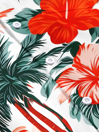 Adaychic Men's Palm Trees And Hibiscus Flowers Print Short Sleeve Shirt with Chest Pocket