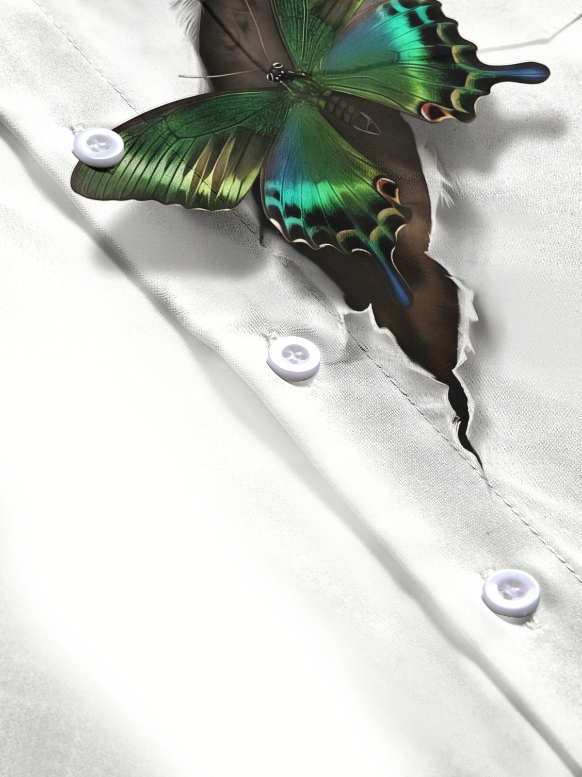 Adaychic Men's 3D Tearing Effect With Green Butterfly Print Long Sleeve Shirt with Chest Pocket