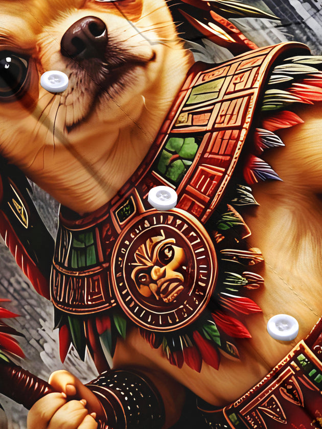 Adaychic Men's Graphic 3D Aztec Warrior Chihuahua Print Short Sleeve Button Down Shirt with Chest Pocket