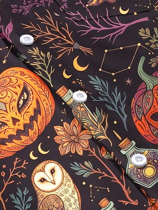 Adaychic Men's Halloween Owls Pumpkins And Cats Print Short Sleeve Shirt with Chest Pocket