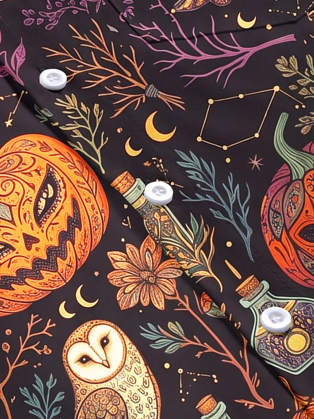 Adaychic Men's Halloween Owls Pumpkins And Cats Print Short Sleeve Shirt with Chest Pocket