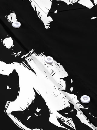 Adaychic Men's Graphic Black Cat Print Short Sleeve Shirt with Chest Pocket