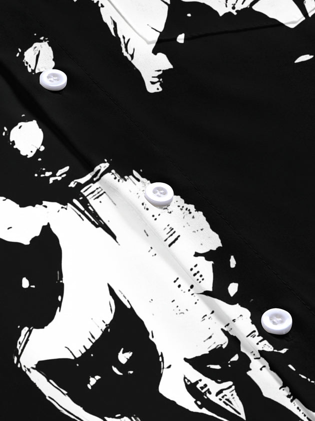 Adaychic Men's Graphic Black Cat Print Short Sleeve Shirt with Chest Pocket