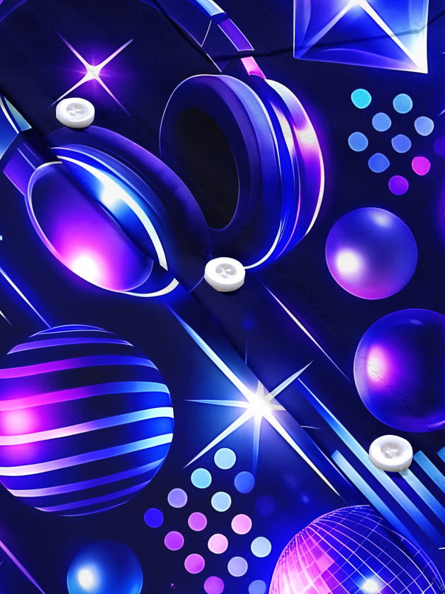 Adaychic Men's Neon Music Equipment And Disco Balls Print Short Sleeve Shirt with Chest Pocket