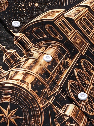 Adaychic Men's Printed Vintage Steam Train Print Short Sleeve Shirt with Chest Pocket