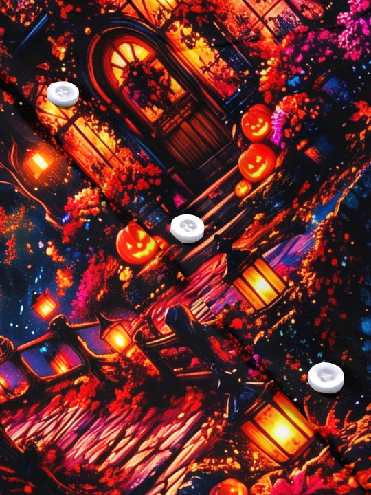 Adaychic Men's Halloween Black Cats And Pumpkins Print Short Sleeve Shirt with Chest Pocket