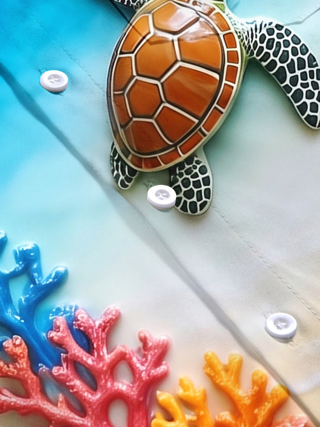 Adaychic Men's Hawaiian 3D Sea Turtle Print Starfish Print Short Sleeve Shirt with Chest Pocket