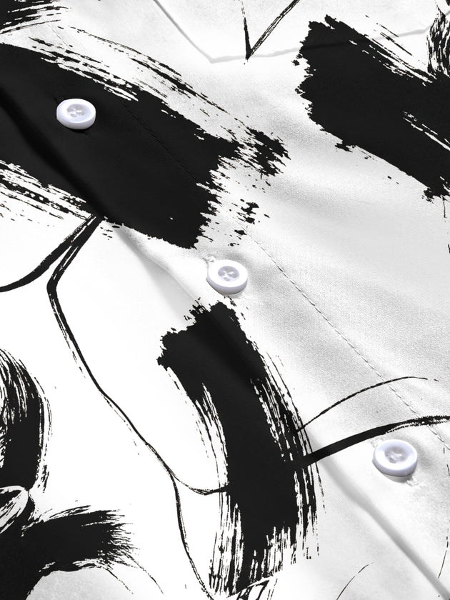 Adaychic Men's Printed Abstract Black Brushstrokes Print Long Sleeve Shirt with Chest Pocket