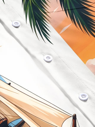 Adaychic Men's Sailing Ship And Palm Tree Sunset Print Short Sleeve Shirt with Chest Pocket