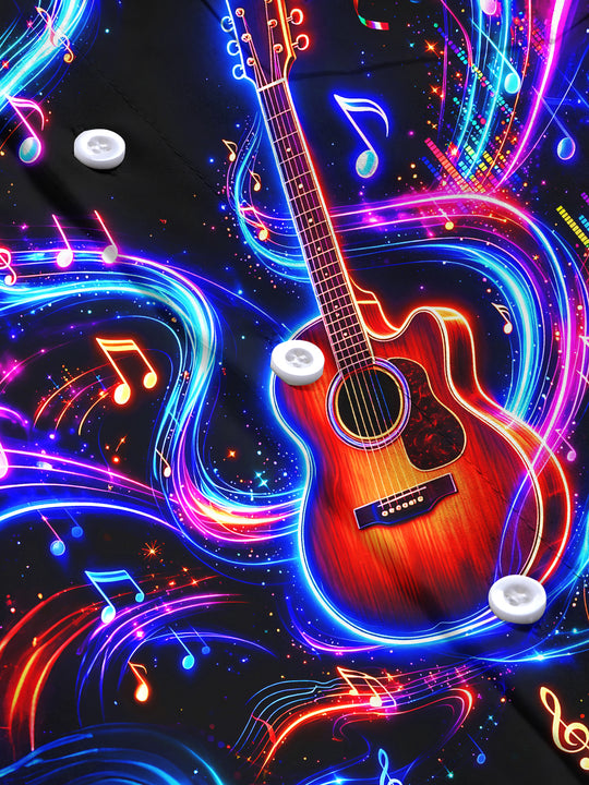 Adaychic Men's Graphic Neon Guitar And Music Notes Print Long Sleeve Shirt with Chest Pocket