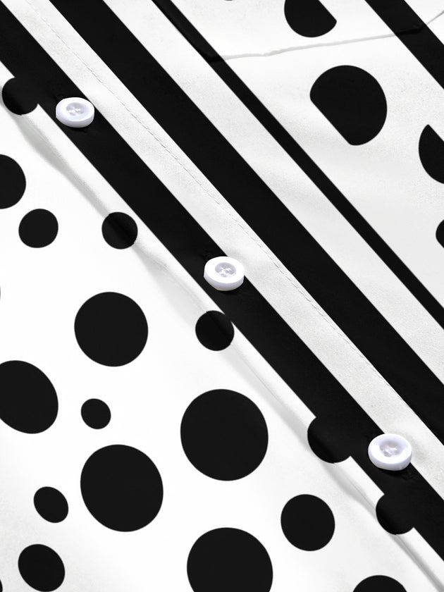 Adaychic Men's Printed Black And White Polka Dots Print Short Sleeve Shirt with Chest Pocket
