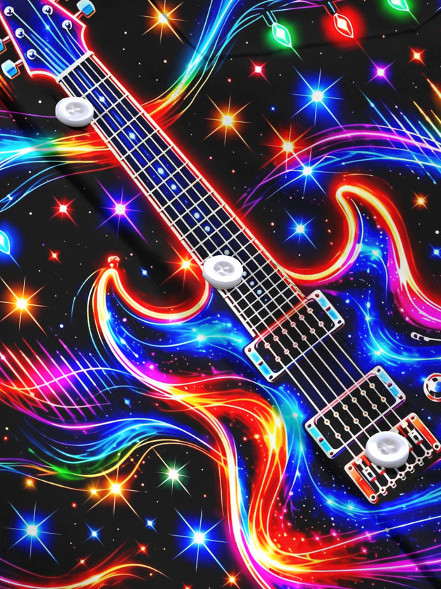 Adaychic Men's Long Sleeve Shirt - Neon Electric Guitar And Christmas Light Strings Print with Chest Pocket
