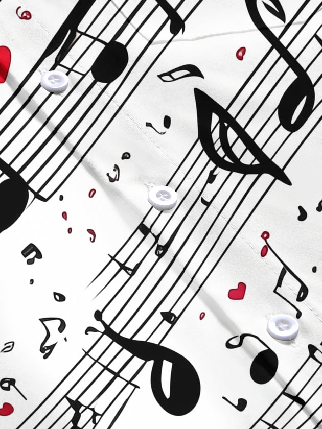 Adaychic Men's Printed Musical Notes Print Red Hearts Print Short Sleeve Shirt with Chest Pocket