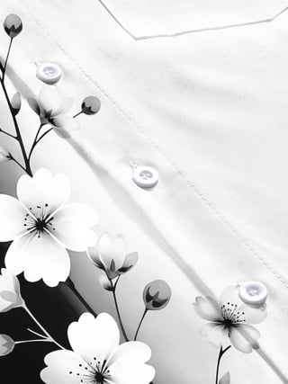 Adaychic Men's Floral Black And White Floral Branch Print Short Sleeve Shirt with Chest Pocket