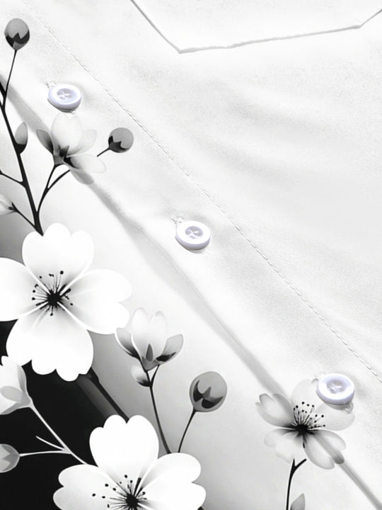 Adaychic Men's Floral Black And White Floral Branch Print Short Sleeve Shirt with Chest Pocket