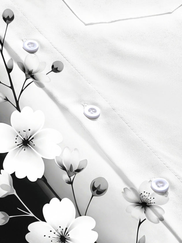 Adaychic Men's Floral Black And White Floral Branch Print Short Sleeve Shirt with Chest Pocket