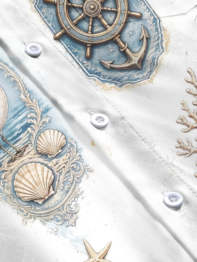 Adaychic Men's Vintage Nautical Marine Life Print Long Sleeve Shirt with Chest Pocket