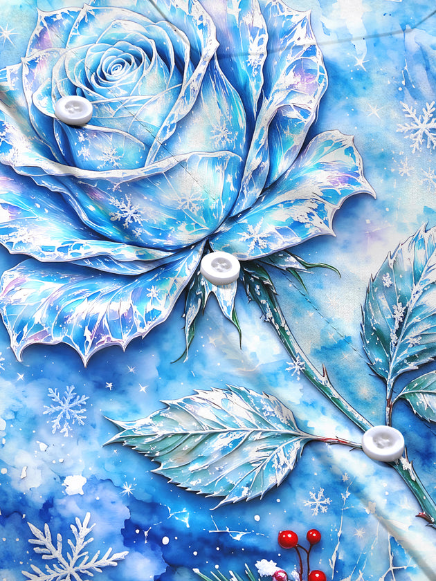 Adaychic Men's Long Sleeve Shirt - Blue Rose With Snowflakes And Winter Berries Print with Chest Pocket