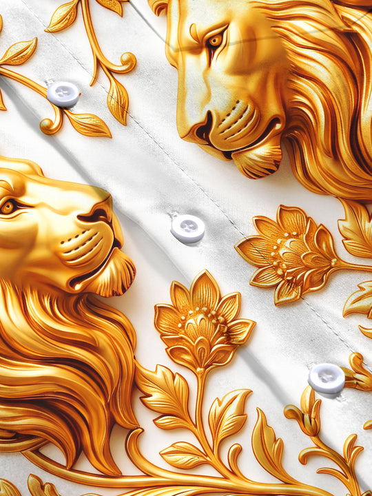 Adaychic Men's Golden Lions And Floral Baroque Patterns Print Long Sleeve Shirt with Chest Pocket