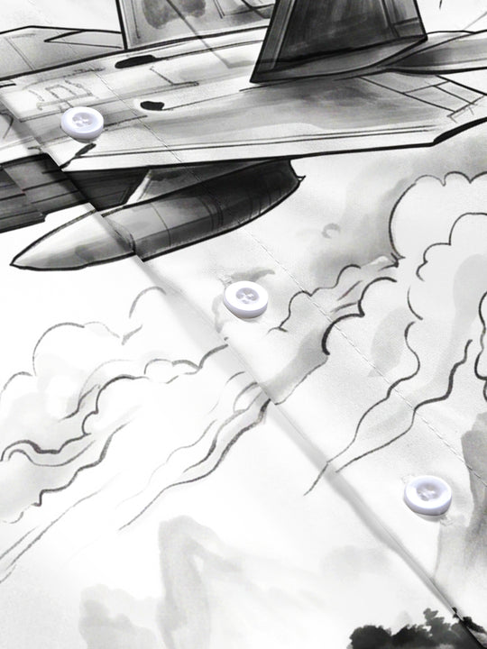 Adaychic Men's Fighter Jet And Ink Wash Landscape Print Short Sleeve Shirt with Chest Pocket