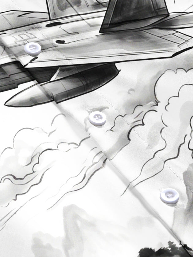 Adaychic Men's Fighter Jet And Ink Wash Landscape Print Short Sleeve Shirt with Chest Pocket