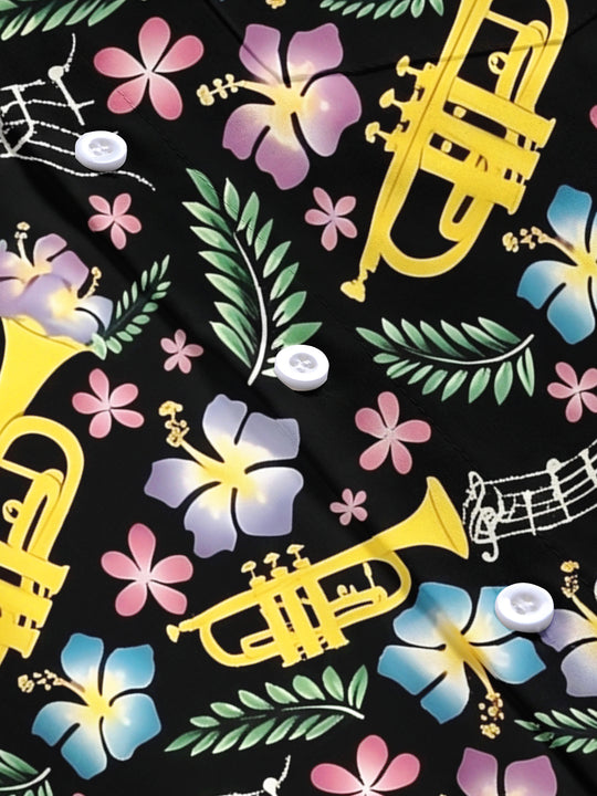 Adaychic Men's Hawaiian Trumpet Musical Notes Print Short Sleeve Shirt with Chest Pocket