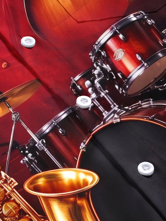 Adaychic Men's Short Sleeve Stand Collar Shirt - Musical Instruments And Notes Print with Chest Pocket