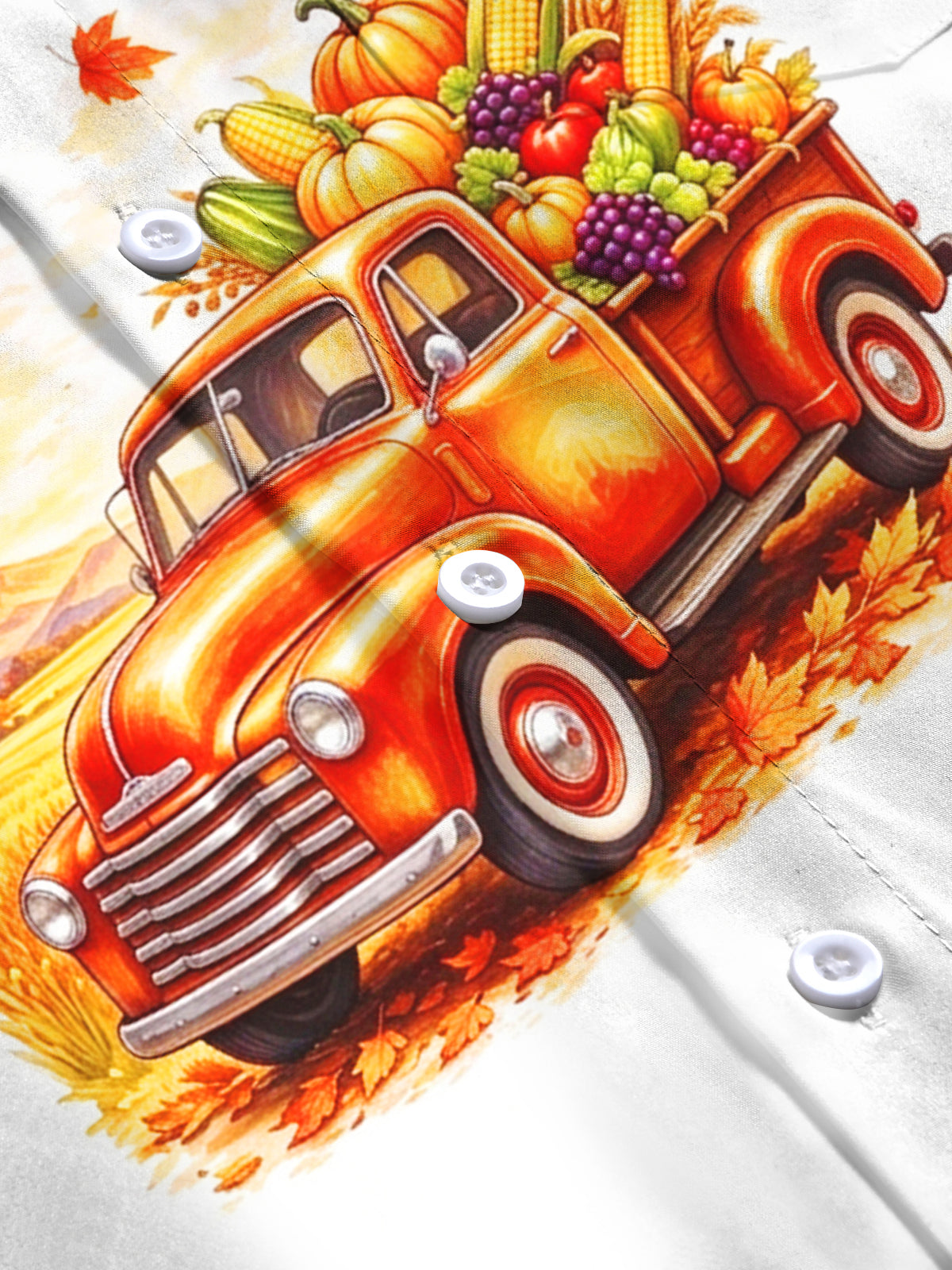 Adaychic Men's Long Sleeve Shirt - Thanksgiving Vintage Truck With Harvest Produce Print with Chest Pocket