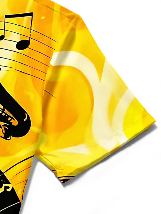 men's music print shirt close-up short sleeve