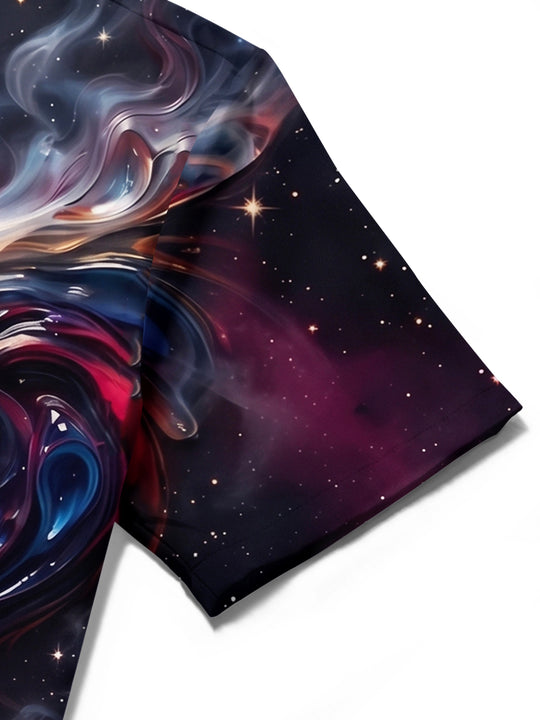 Adaychic Men's Printed Space Nebula Print Planets Print Short Sleeve Shirt with Chest Pocket