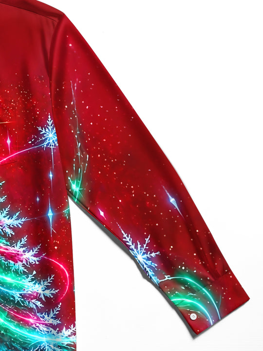 Adaychic Men's Long Sleeve Shirt - Christmas Tree With Snowflakes And Light Trails Print with Chest Pocket