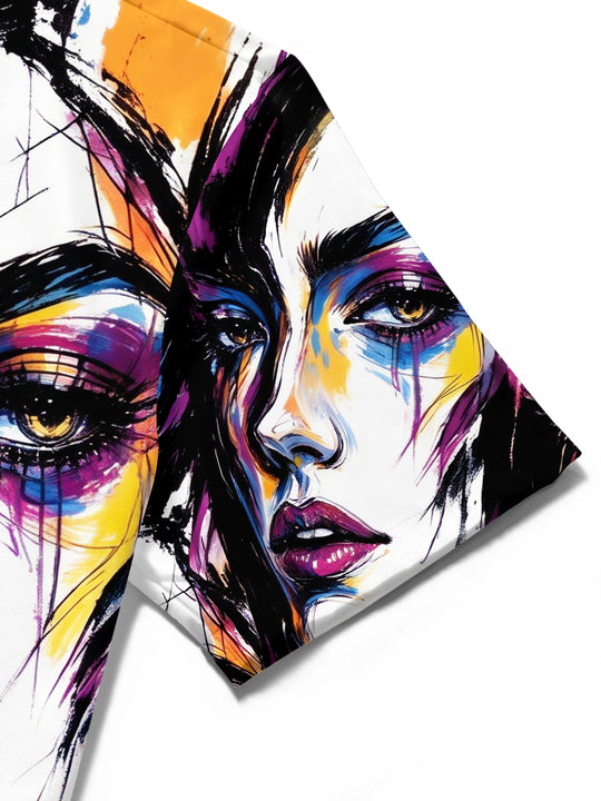 Adaychic Men's Graphic Abstract Woman Faces Print Short Sleeve Shirt with Chest Pocket