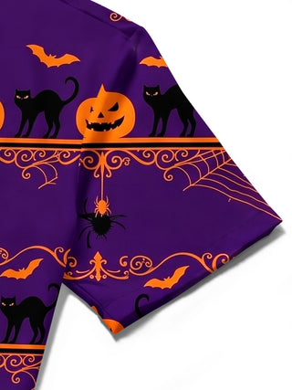 Adaychic Men's Halloween Black Cats And Pumpkins Print Short Sleeve Shirt with Chest Pocket