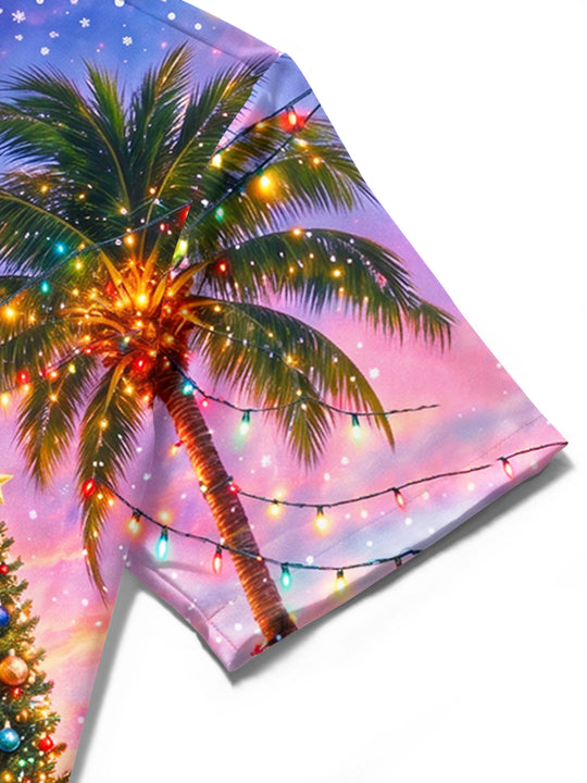 Adaychic Men's Short Sleeve Stand Collar Shirt - Christmas Tree And Ornaments On Beach Print with Chest Pocket